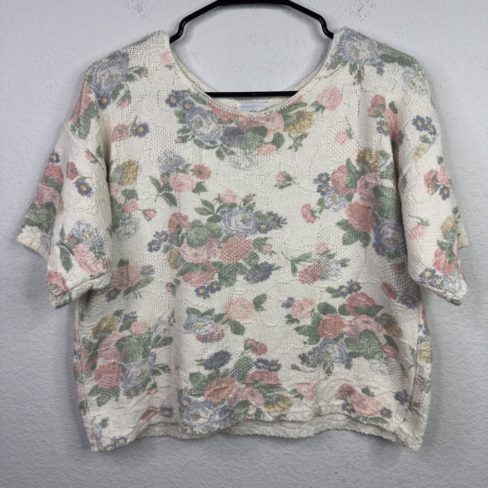 Vintage Denim Republic Sweater‎ Womens L Floral Knit Pastel Cottagecore Grandma